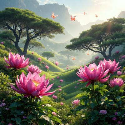 The primary subject of the image is a beautiful garden filled with pink flowers, including lilies and daisies. The setting is a lush green hillside with trees and a mountain in the background. The visual style is a combination of photo and digital art, creating a vibrant and colorful scene. The dominant colors are pink and green, giving the garden a serene and peaceful atmosphere.